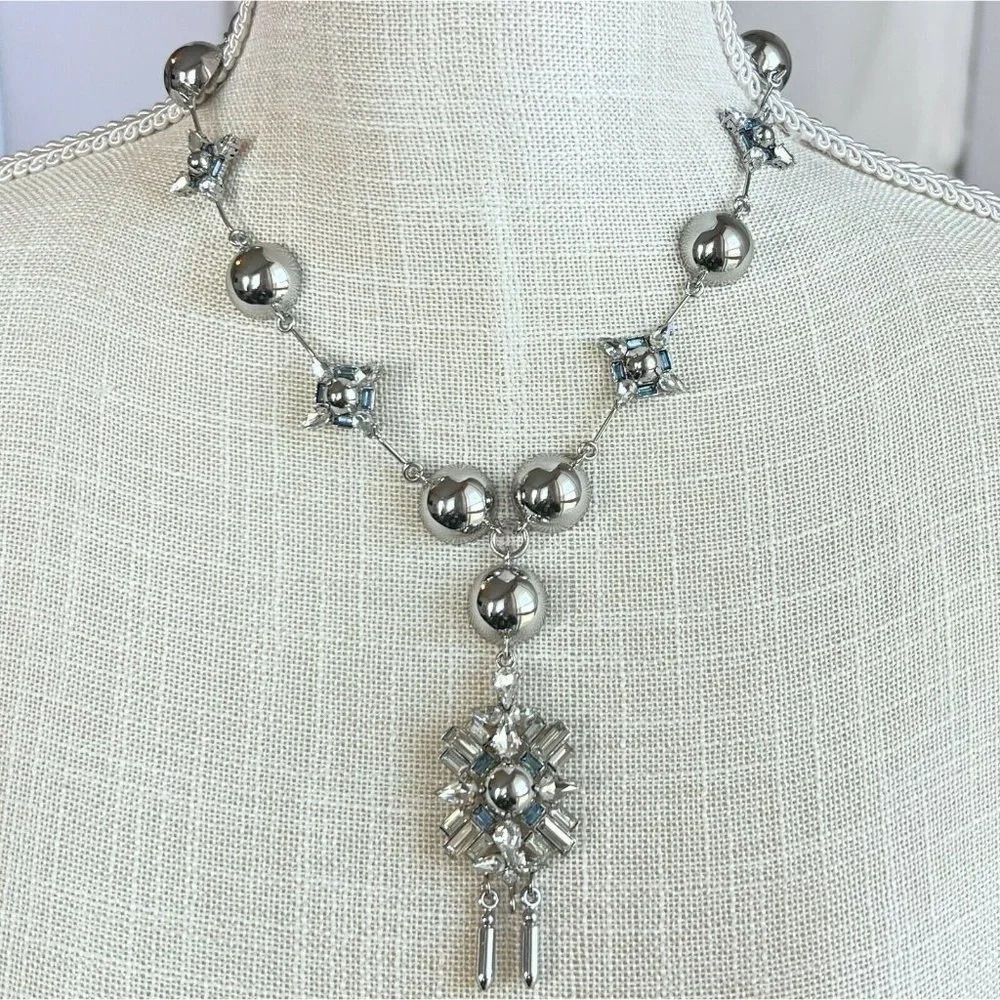 Silver Chrome Blue Crystal Fashion Necklace Never Worn Stunning‎